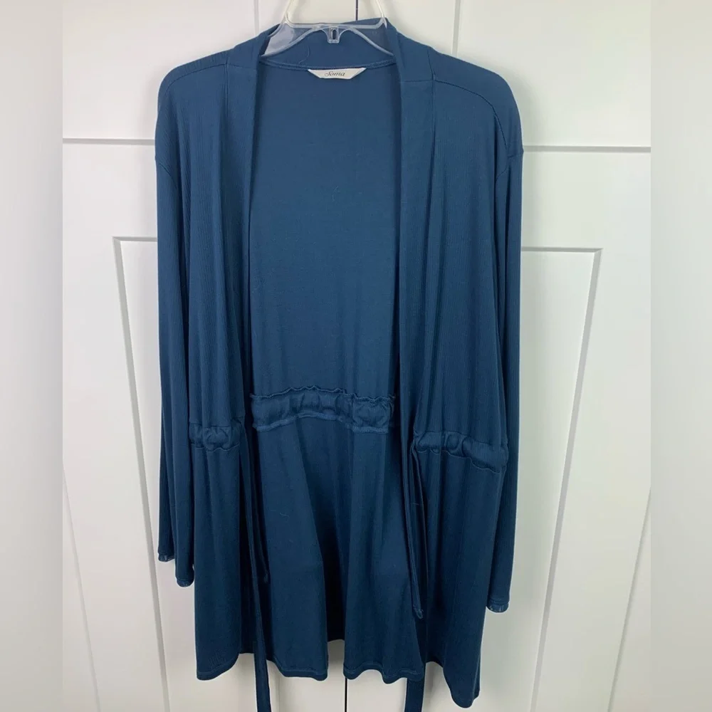 Soma MEDIUM Blue Tie Front Robe Cardigan Ribbed Sleep Lounge